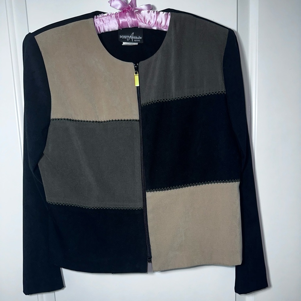 Positively Attitude Petite Colorblock Zip Jacket Black Taupe Gray
